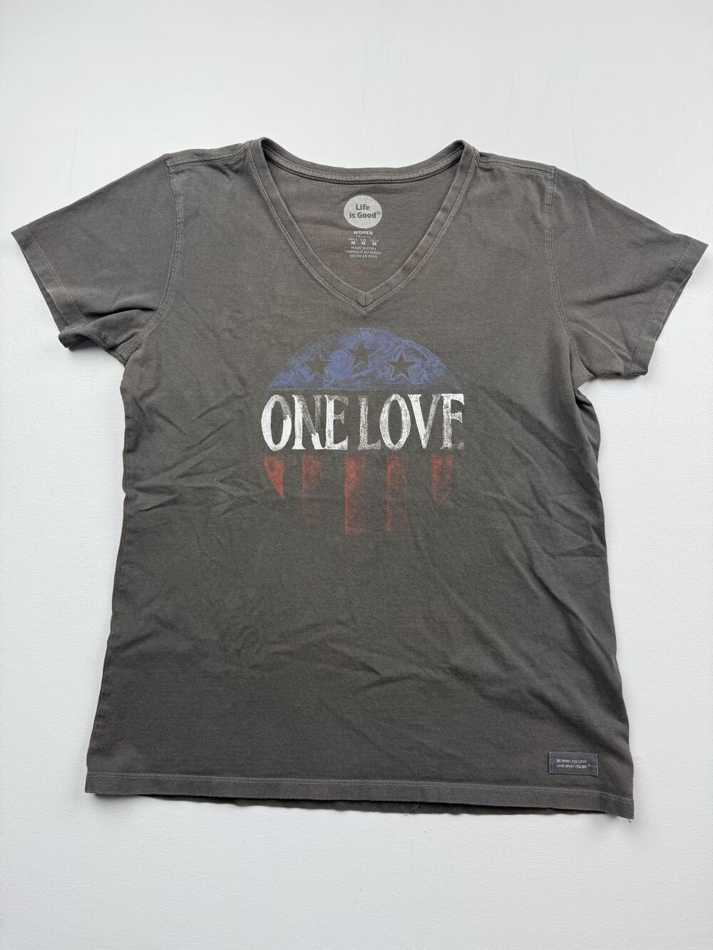 Life Is Good Shirt Womens Medium Gray V Neck Short Sleeve One Love USA Top